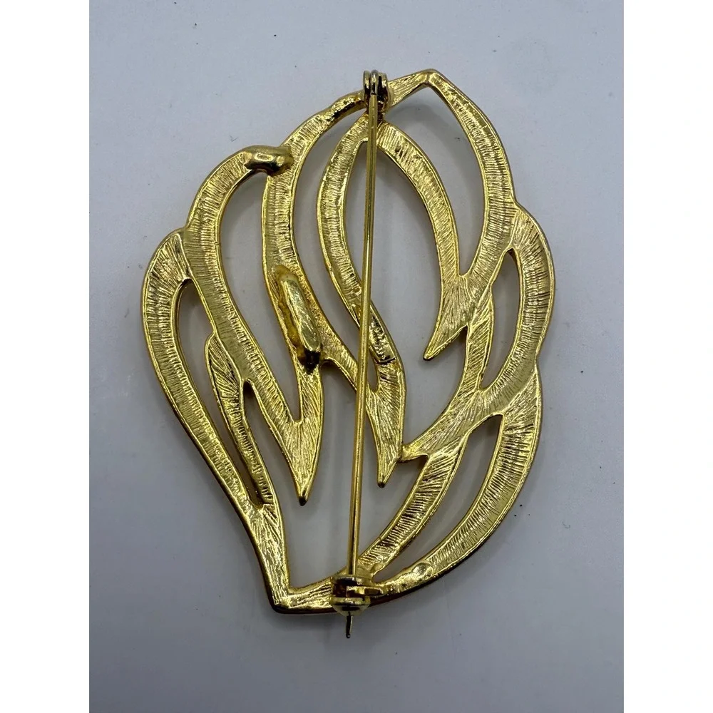 Vintage Abstract Leaf Brooch‎ Gold Tone Modernist Openwork Statement Pin